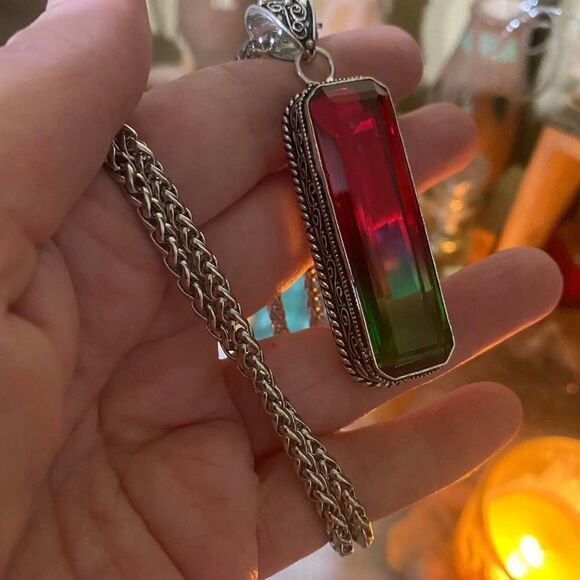 Bi-Color Tourmaline Red Green Sterling Silver Pendant Necklace - Picture 4 of 5